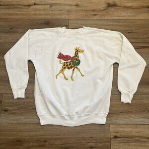Christmas Giraffe Sweatshirt SZ XL White Hand Painted Holiday Grandma Vintage